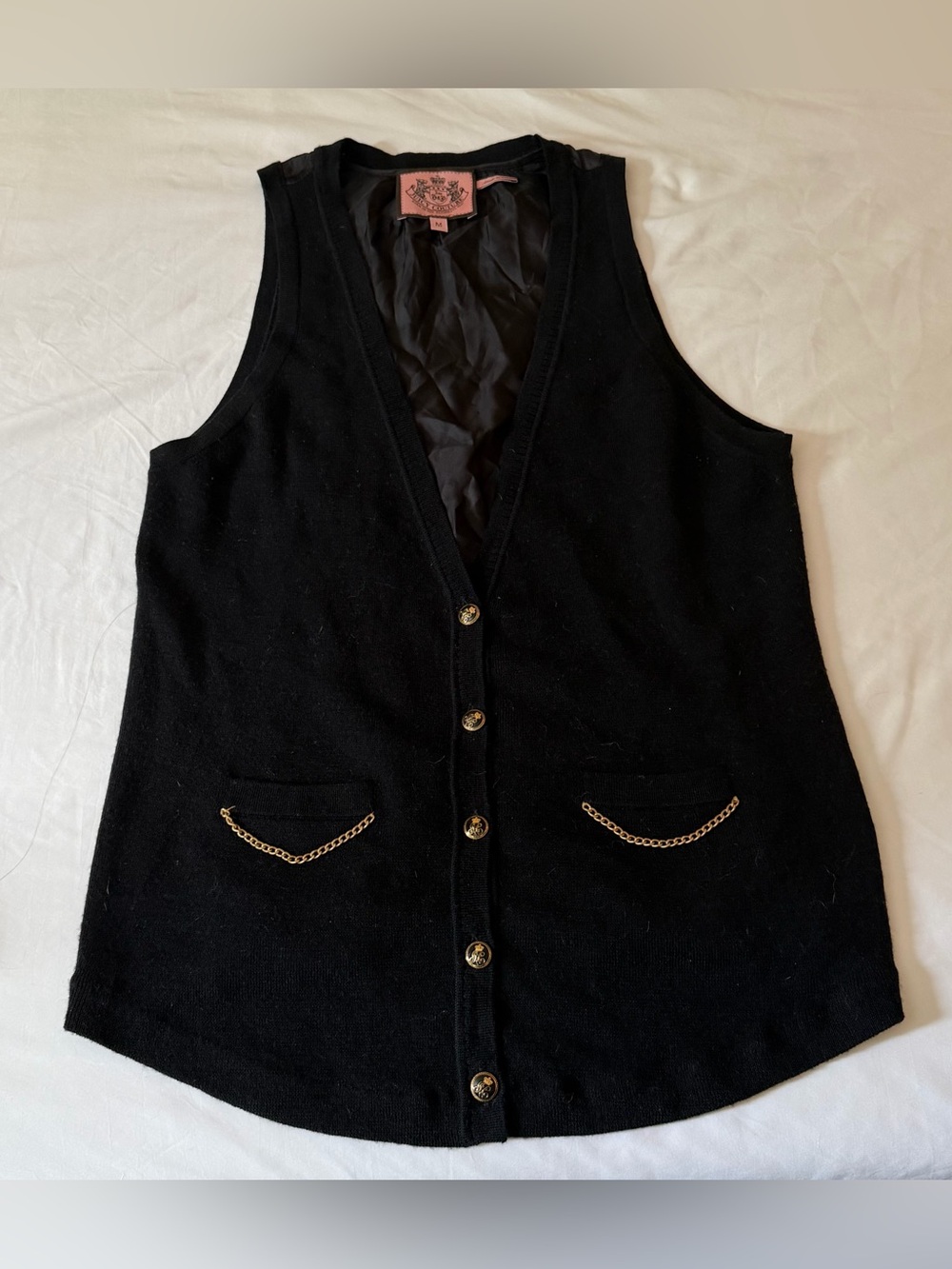 Juicy Couture Vintage Black Sleeveless Button Vest with Gold Chain Detail